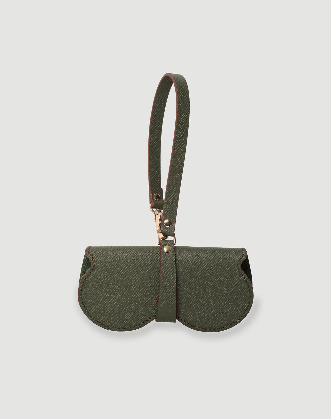 Haki renkli, deri FOHM gözlük kılıfı, kayışlı ve şık tasarım