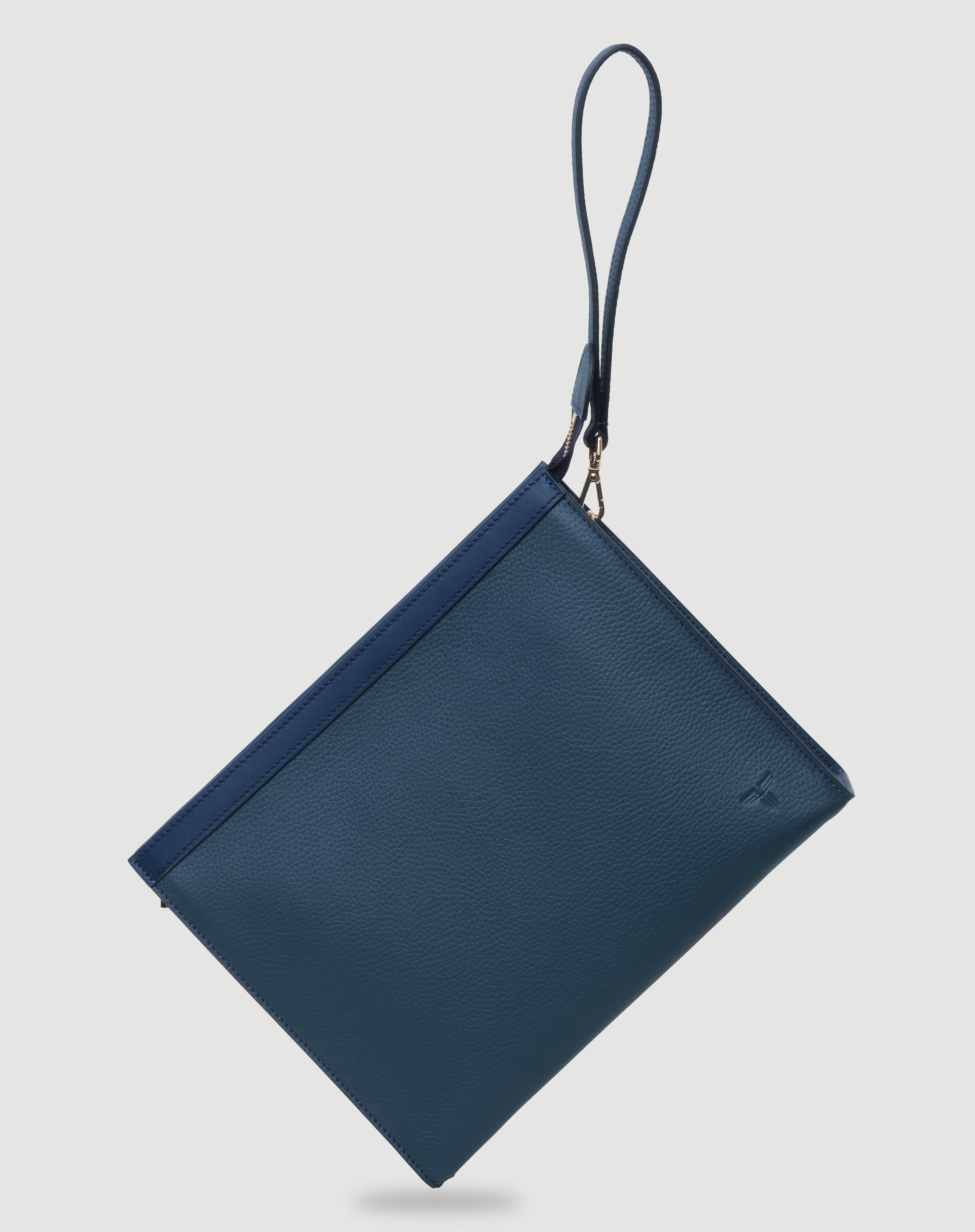 Lacivert deri FOHM el portföyü, sade tasarım ve kaliteli deri malzeme