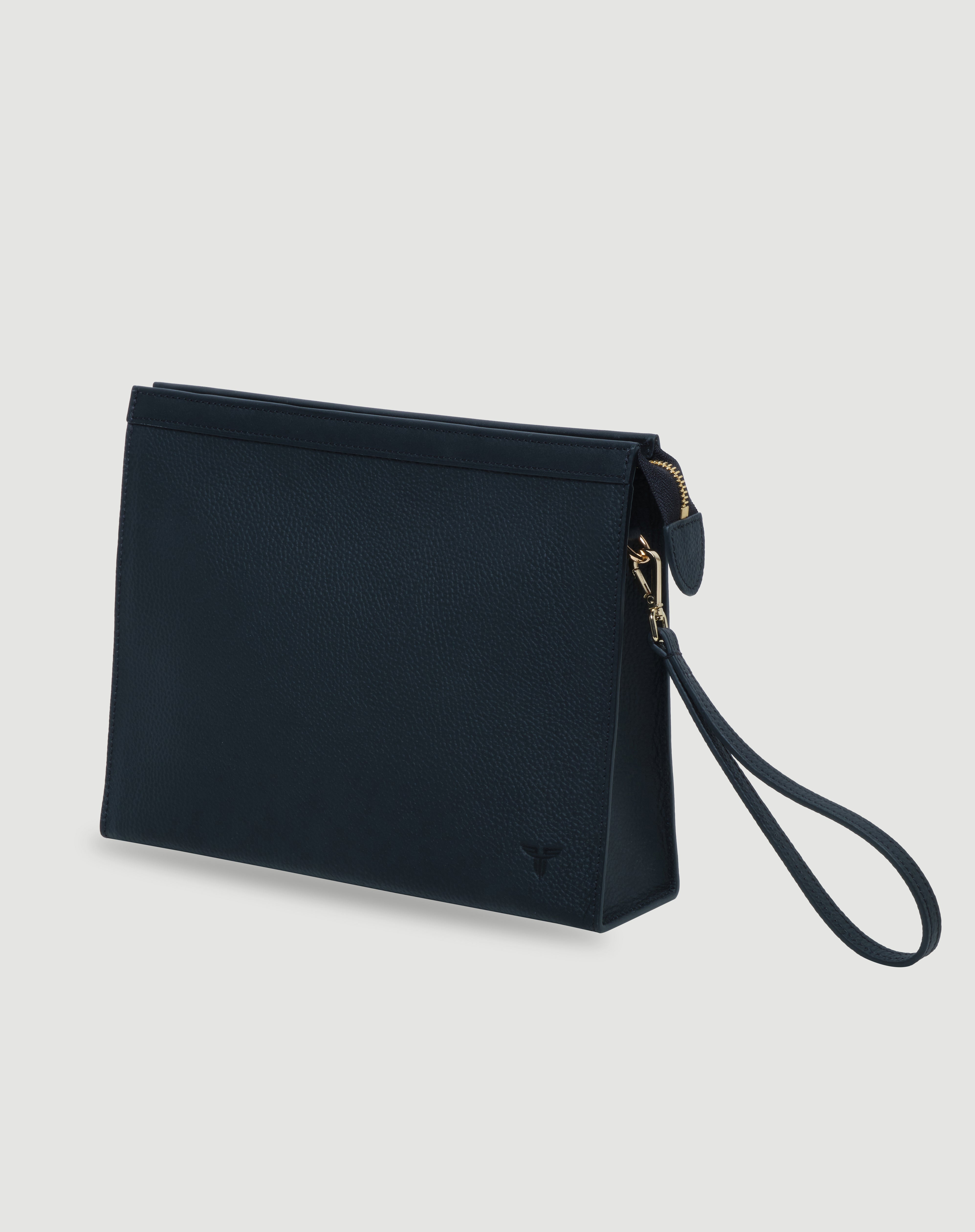 Lacivert deri bileklikli FOHM clutch çanta, sade ve modern tasarım