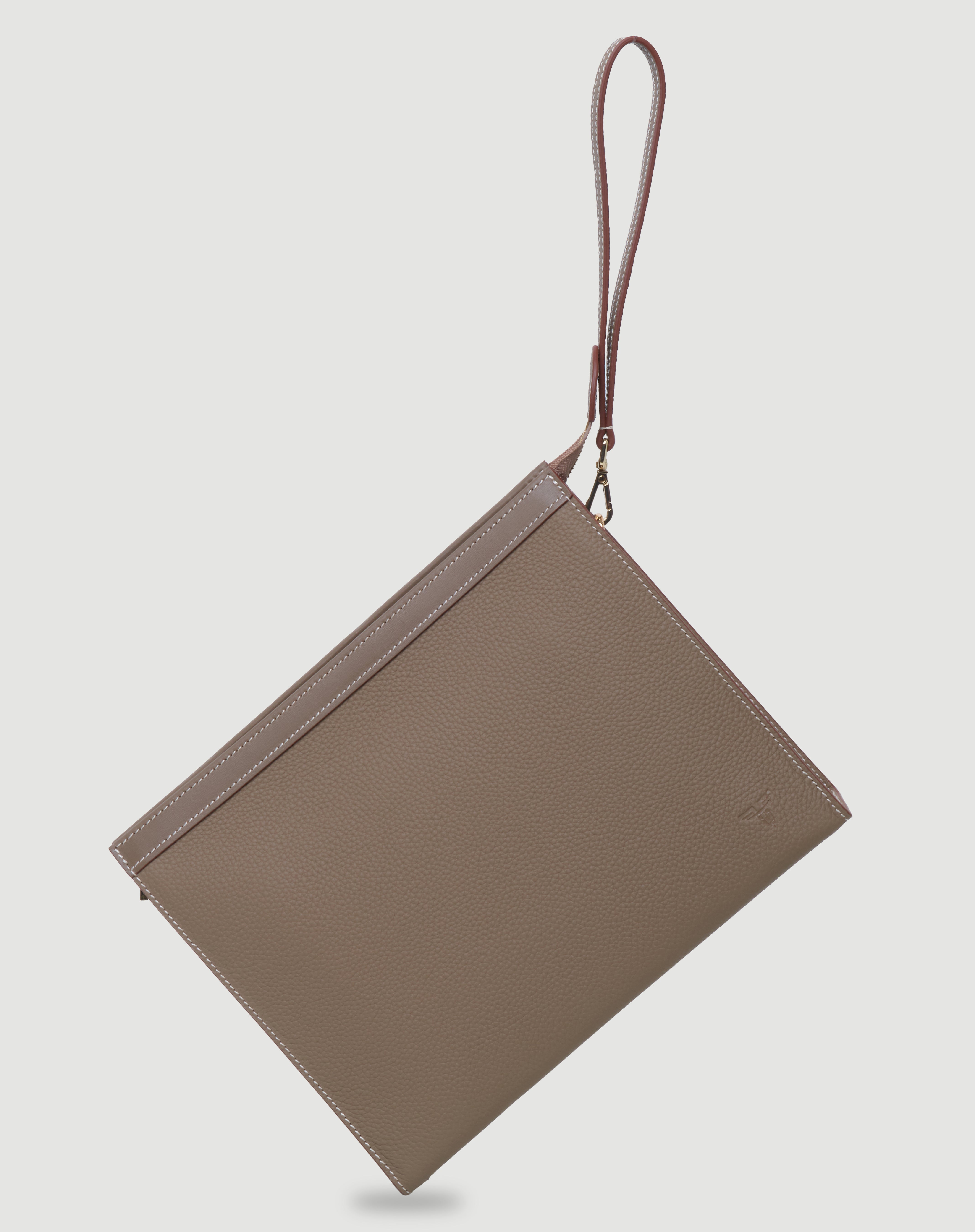 FOHM taupe deri el portföyü, sade ve şık tasarım, dokulu yüzey