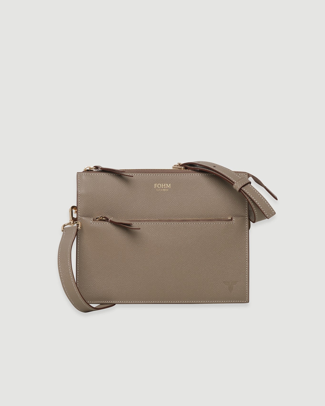 Vizon renkli, altın detaylı FOHM deri çanta, dikdörtgen formda ve sade tasarımla.