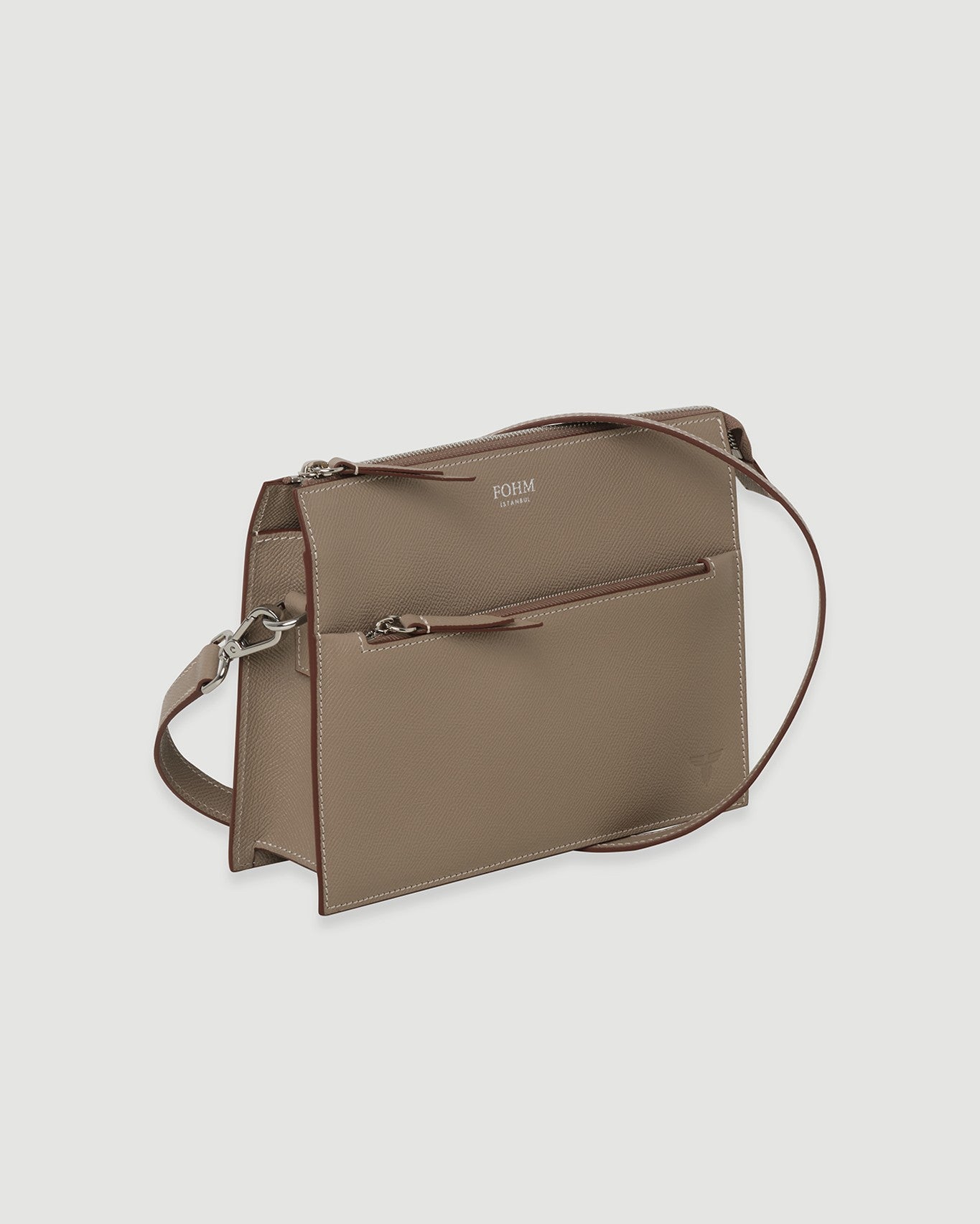 Vizon renkli FOHM deri çanta, dikdörtgen form, gümüş detaylı fermuar