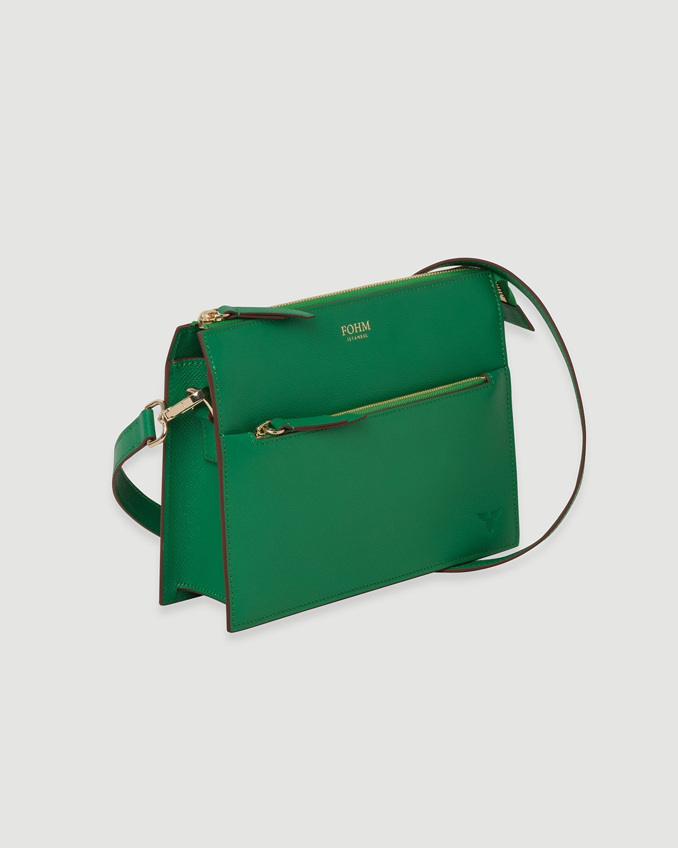 Yeşil deri FOHM kadın çanta, altın fermuar ve sade dikdörtgen tasarım